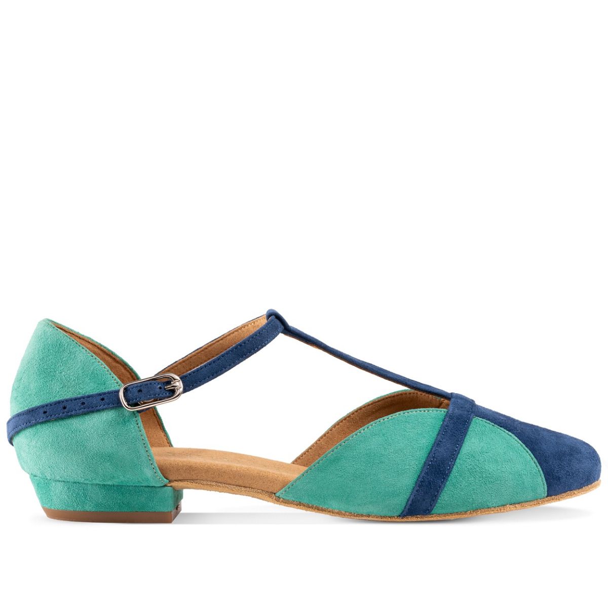 Rummos IVY 122-124 dance shoe in green and blue suede, featuring a stylish design and comfortable fit for dance floors.