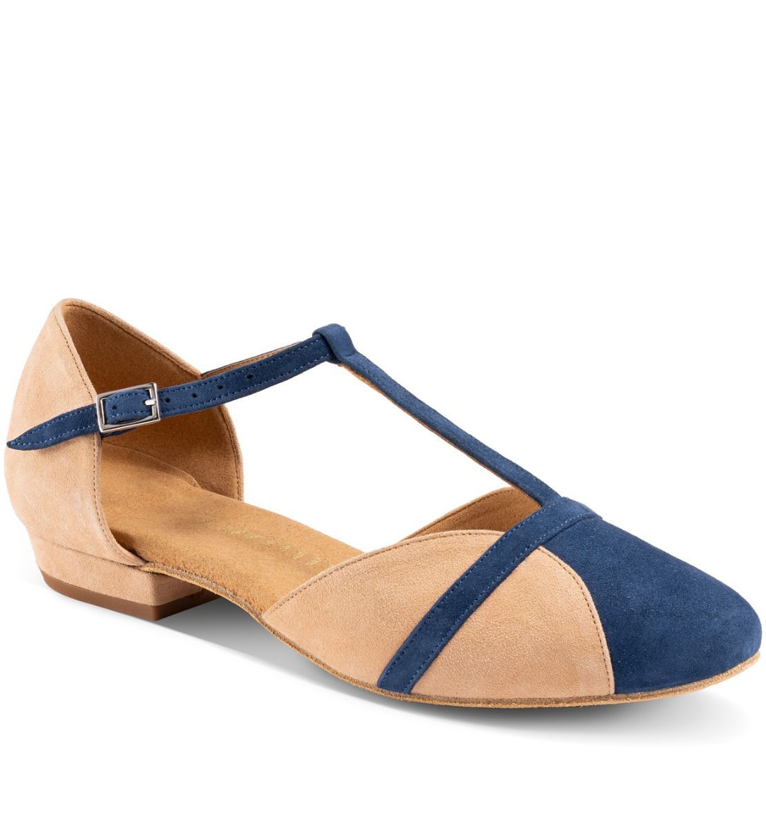 Elegant Rummos IVY dance shoe in beige and blue, featuring a T-strap design and comfortable heel for stylish performances.