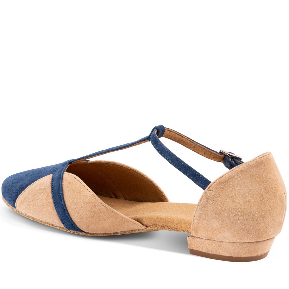 Elegant De Rummos Ivy dance shoe in blue and beige, designed for comfort and style, handcrafted in Portugal.