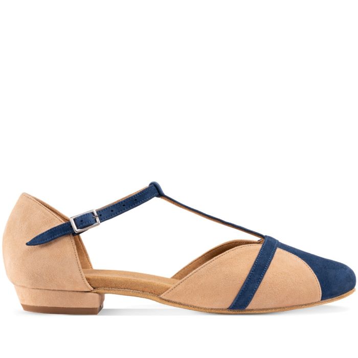 Rummos IVY elegant dance shoe in beige and navy, featuring a comfortable design and T-strap for perfect fit.