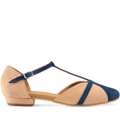 Elegant Rummos IVY dance shoe in tan and navy, featuring a comfortable design and traditional craftsmanship.