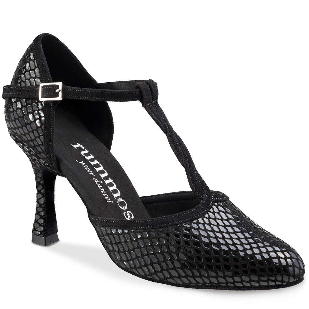 Rummos Karen elegant black dance shoe with T-strap, perfect for Tango and social dancing, featuring flexible design.