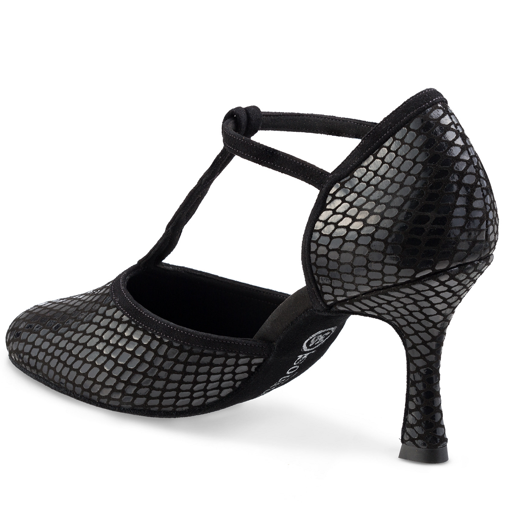 Elegant black Rummos Karen dance shoe with a stylish reptile pattern and comfortable heel, perfect for tango and social dancing.