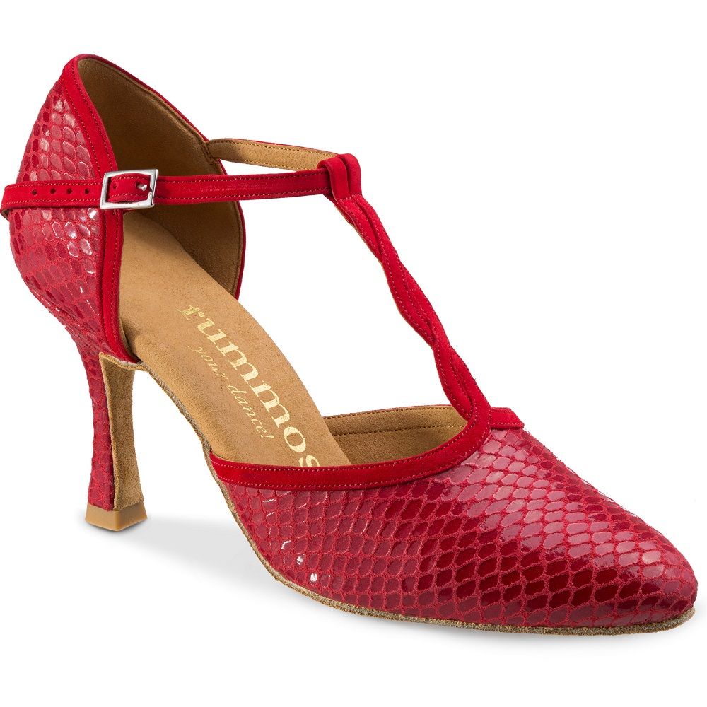 Rummos Karen elegant red dance shoe with a T-strap, featuring a flexible sole for comfort in tango and social dancing.