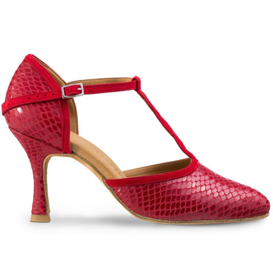 Elegant red Rummos Karen dance shoe with snake print, perfect for tango and social dancing.