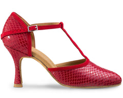 Rummos Karen red dance shoe with elegant T-strap design, perfect for Tango and social dancing, handcrafted in Portugal.