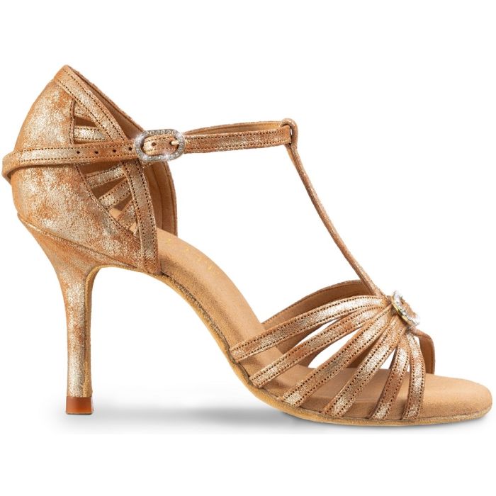 Elegant golden dance sandals with crystal decoration and ankle strap for comfort and stability.