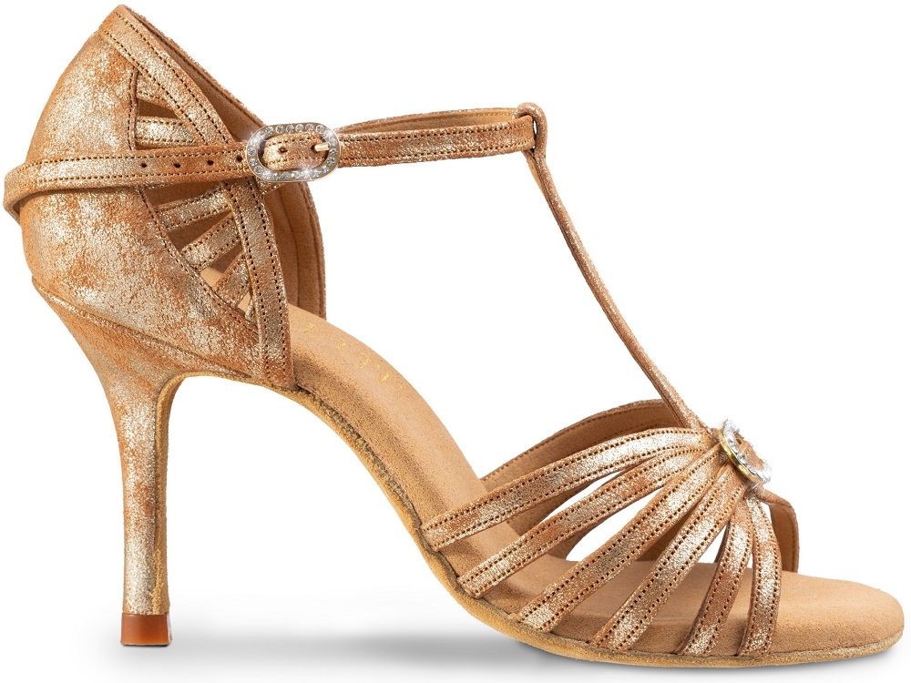 Elegant hand-crafted gold strappy sandals with crystals and high heel for comfort and style. Perfect for dancing and special occasions.