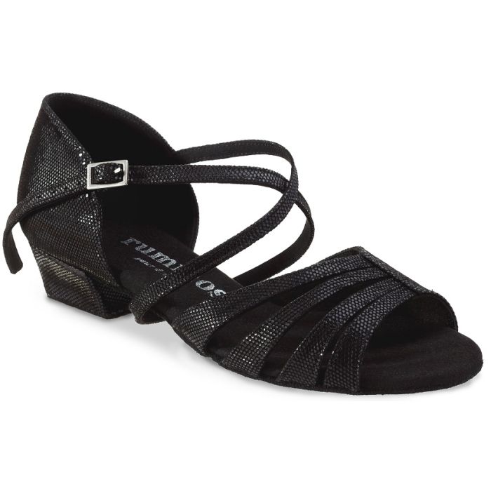 RUMMOS Kayla black ballroom dance shoe with stylish straps and 1.4" heel, designed for comfort and flexibility in dance.