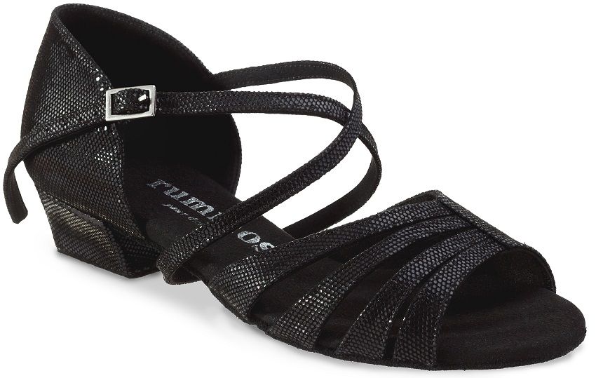 Rummos Kayla ballroom dance shoe in black with crisscross straps and a 1.4" heel for comfort and stability.