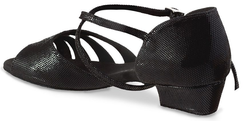 Rummos Kayla black ballroom dance shoe featuring crisscross straps and 1.4" heel for stability and comfort.