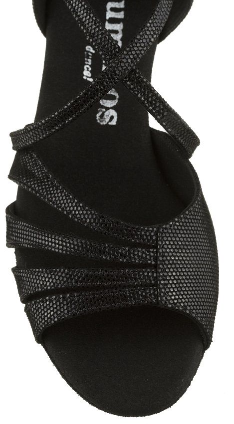 Rummos Kayla black ballroom dance shoe with cross strap design, featuring double cushioning for comfort and support.