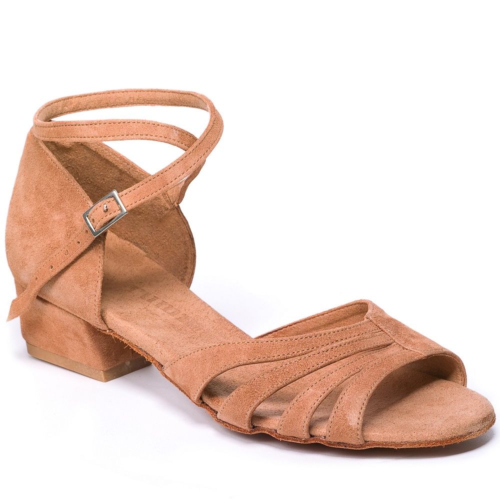 Rummos Kayla ballroom dance shoe in tan suede with supportive ankle strap and flexible 1.4" heel for comfort and stability.