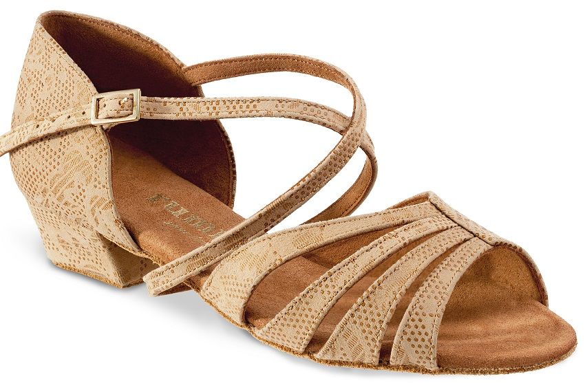 Rummos Kayla ballroom dance shoe in beige with cross straps, featuring a 1.4" heel for stability and comfort.