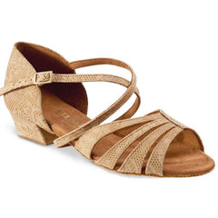 Rummos Kayla ballroom dance shoe in tan with crisscross straps, featuring 1.4" heel for comfort and stability.