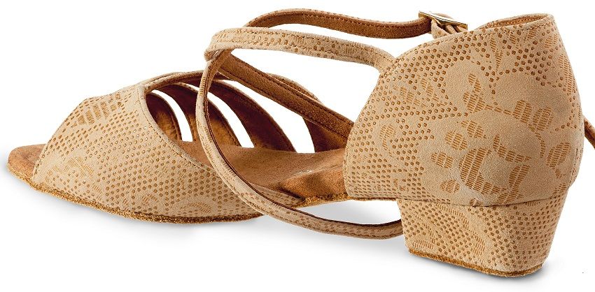 Rummos Kayla ballroom dance shoe with a 1.4" heel, featuring elegant lace design and cross-strap for comfort and support.