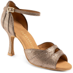 Rummos Leonor Latin sandal in metallic bronze, featuring a stylish T-strap design and comfortable heel.