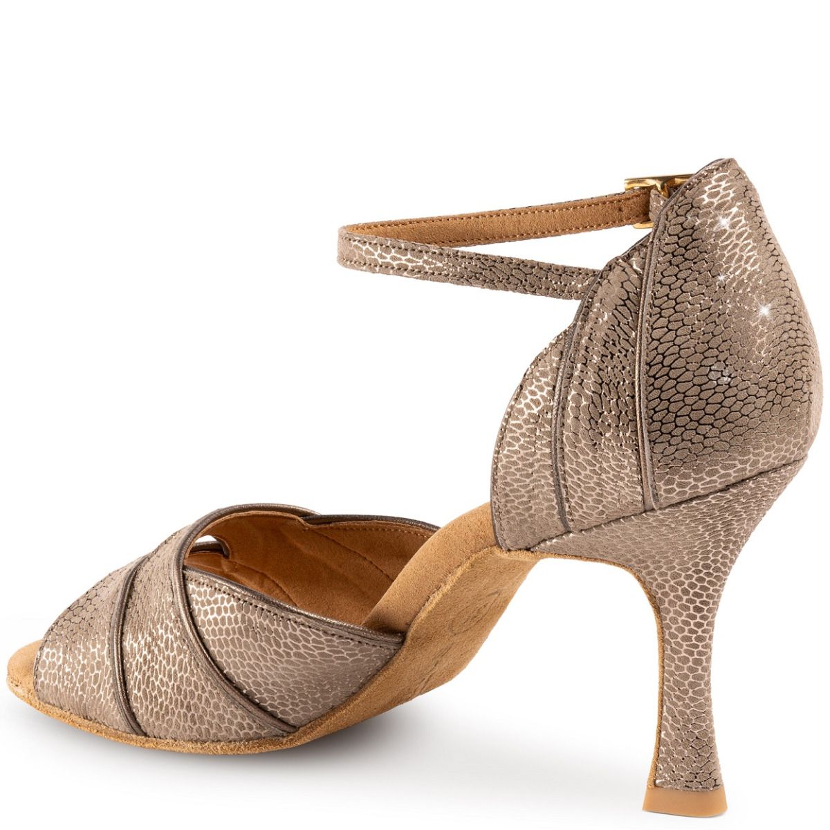 Stylish Rummos Leonor Latin dance sandal showing elegant metallic design and balanced heel for comfort and support.