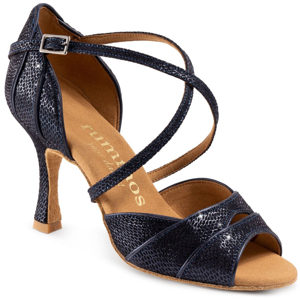 Rummos Leonor Latin sandal in navy, featuring a stylish design with crisscross straps and a comfortable heel.