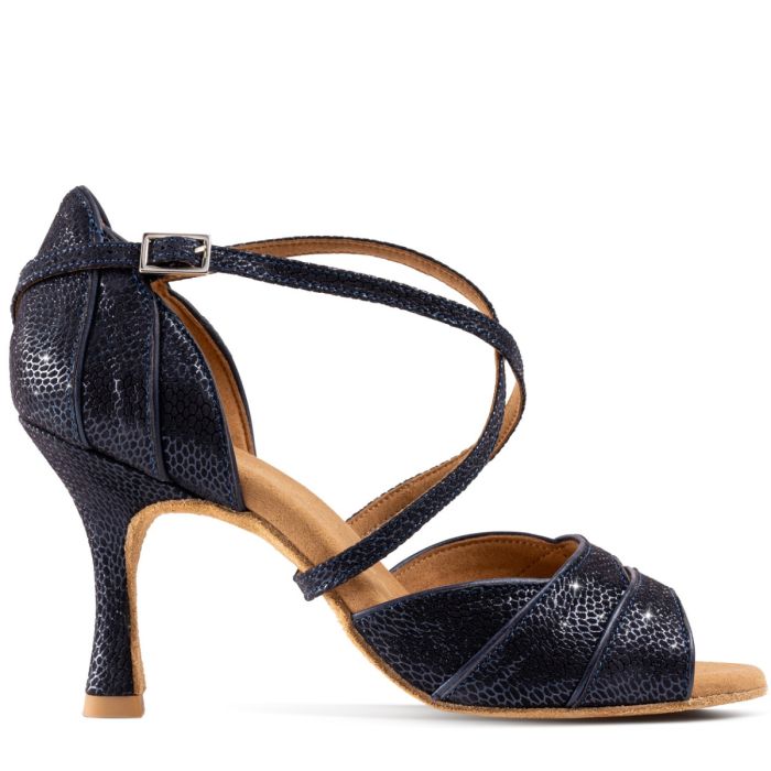 Elegant navy Latin sandal with ankle strap and balanced heel, designed for comfort and style during dance.