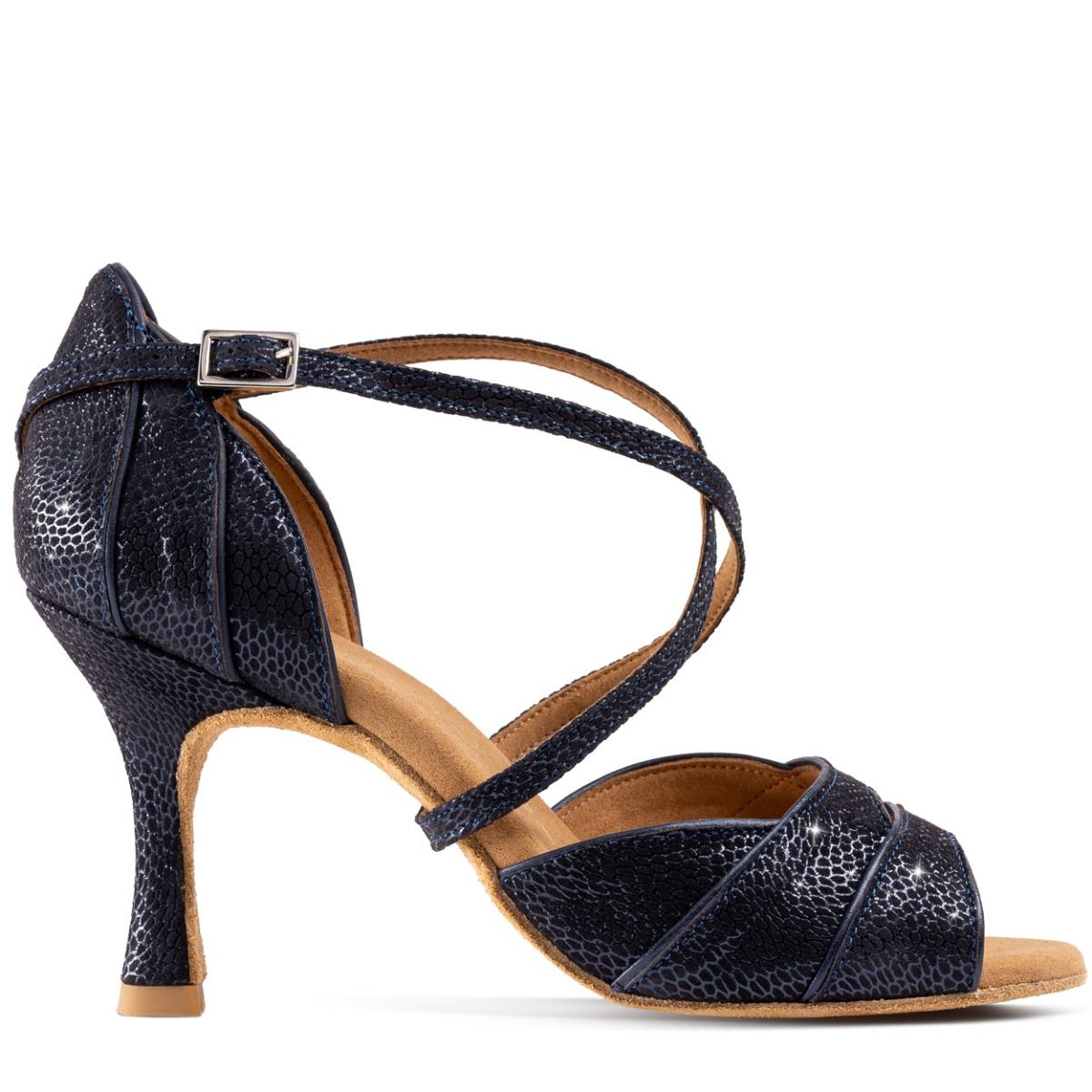 Elegant Rummos Leonor Latin sandal in navy with crisscross straps and a balanced heel for optimal dance stability.