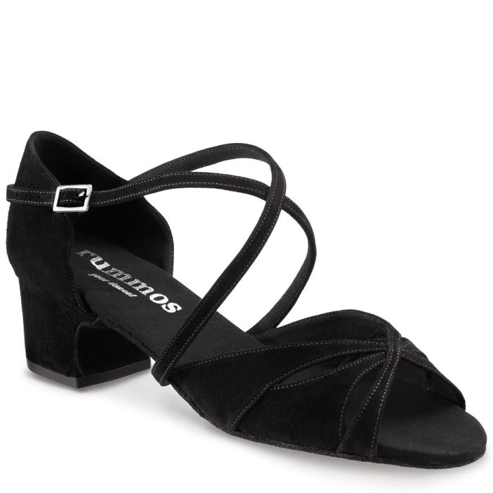 Rummos Lola elegant black nubuck dance shoe with block heel, designed for comfort and style, perfect for dancers.