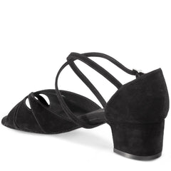 Elegant black nubuck dance shoe with stylish crisscross straps and a comfortable 4 cm block heel.