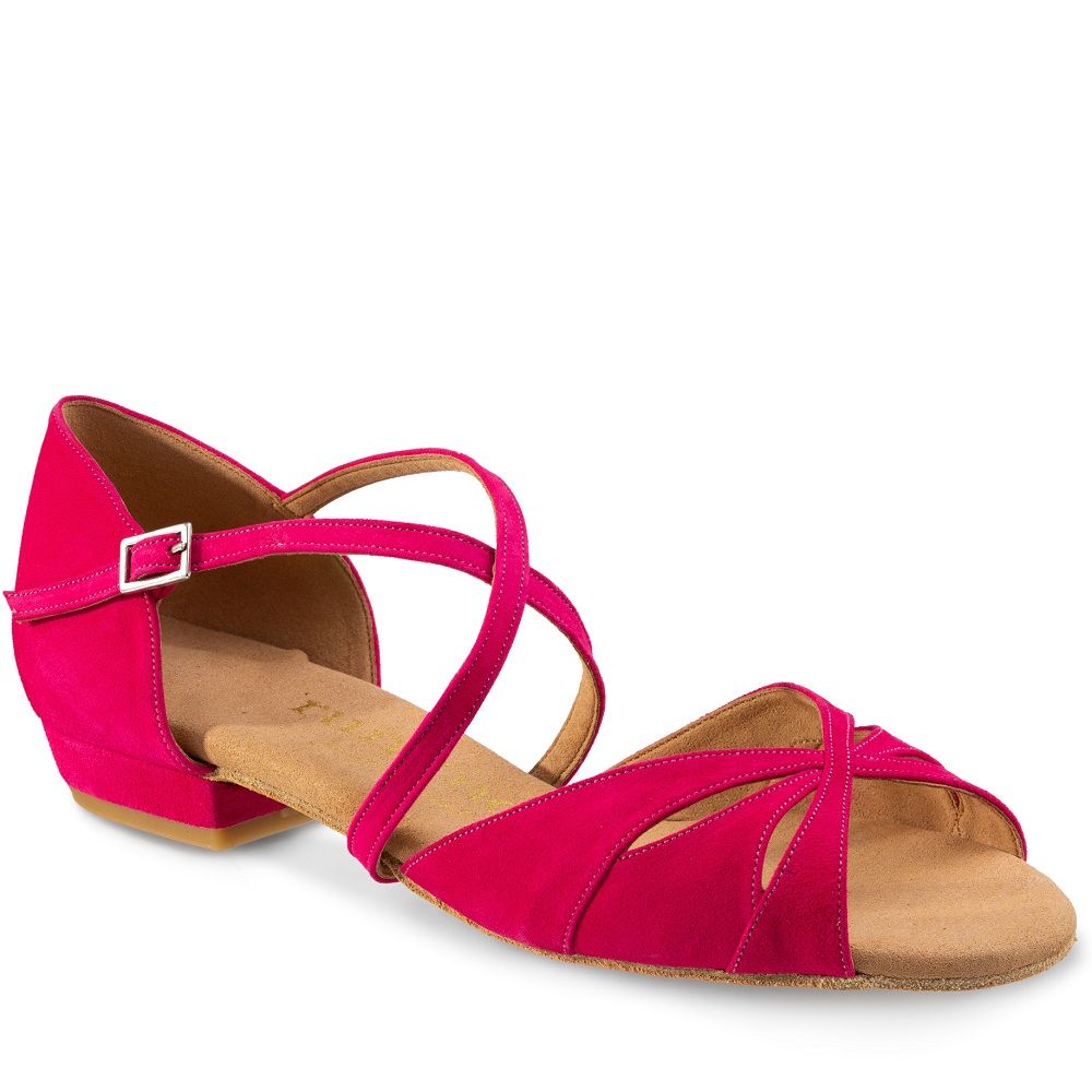 Elegante, handgemaakte Rummos Lola dansschoen in fuchsia nubuck met comfortabele pasvorm en blokhak.