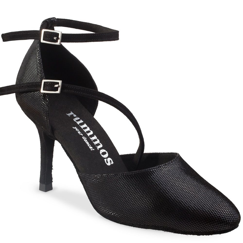 Handgemaakte Rummos Mireia dansschoen in zwart nubuck en 'Diva' leer, ideaal voor ballroom en salsa.