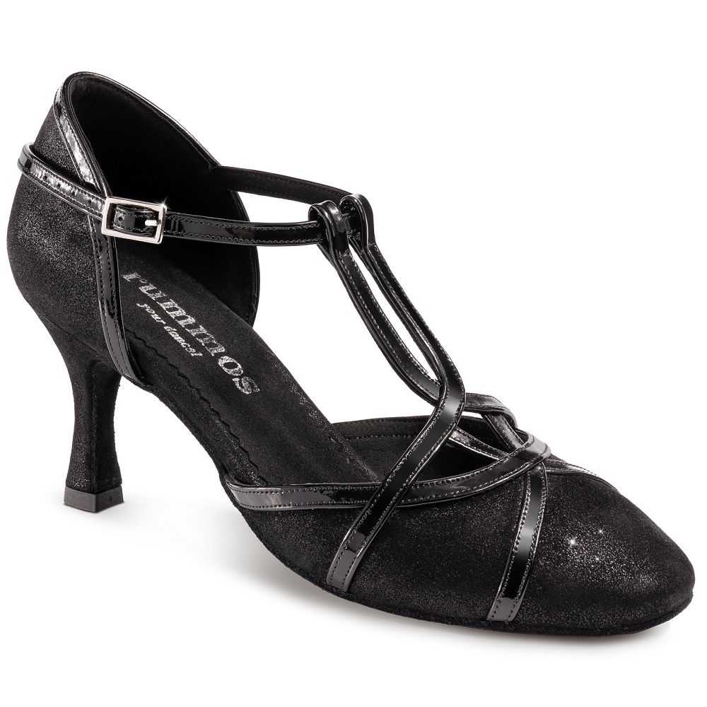 Elegant black dance shoe with crisscross straps and a comfortable heel, perfect for Tango and Salsa dancing.