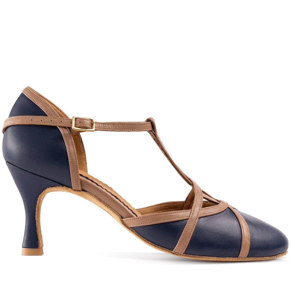 Elegant navy and tan dance shoe with a closed front and balanced heel for comfort in Tango and Salsa.