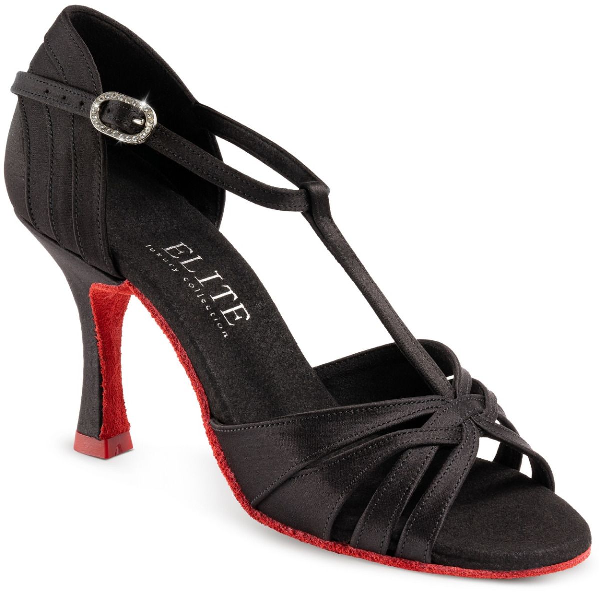 Elite Paris T-bar dance shoe in black with red heel, designed for comfort and flexibility for professional dancers.