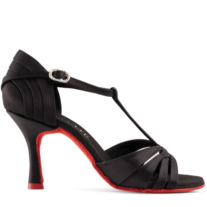 Elite Paris T-bar dance shoe in black with red sole, featuring a T-strap design for comfort and stability.