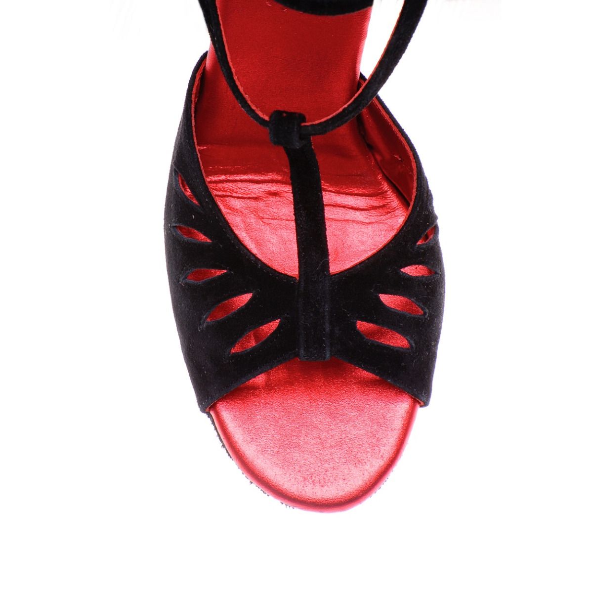 Rummos Pasion black tango dance shoe with elegant cutouts and red insole, featuring double ankle straps for support.