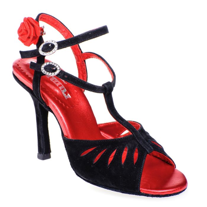 Rummos Pasion black tango dance shoe with open toe, elegant design, and red accents, perfect for dancers.