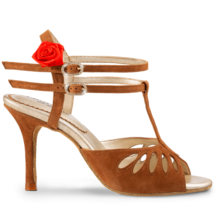 Rummos Pasion tango dance shoe with open toe and double straps for elegant comfort in brown suede.