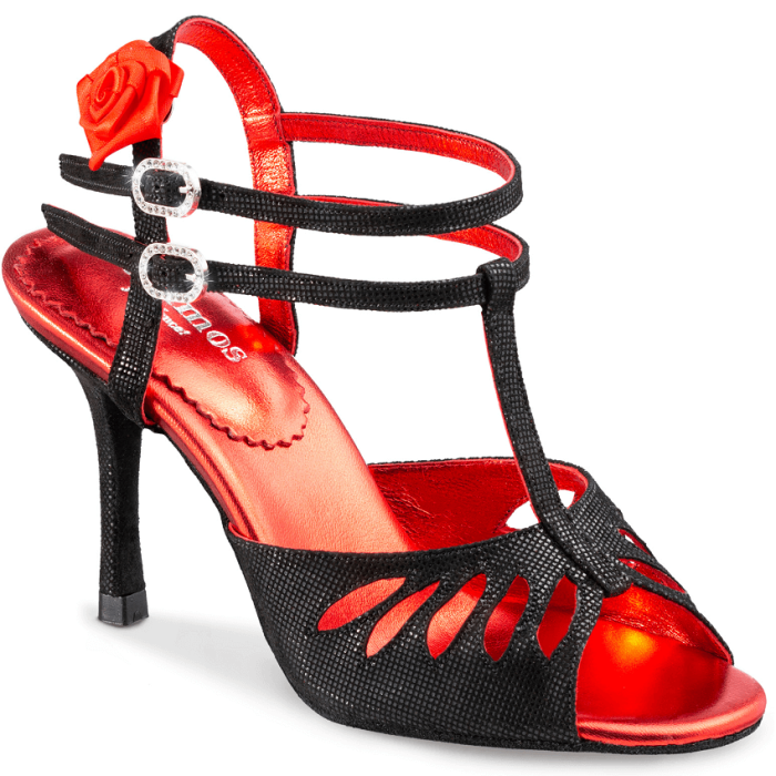 Rummos Pasion elegant tango dance shoe with open toe, black and red design, and double ankle straps for support.