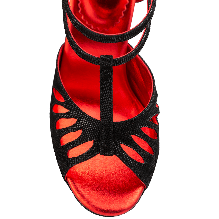 Rummos Pasion tango dance shoe, black and red, elegant open toe design with dual ankle straps for support.