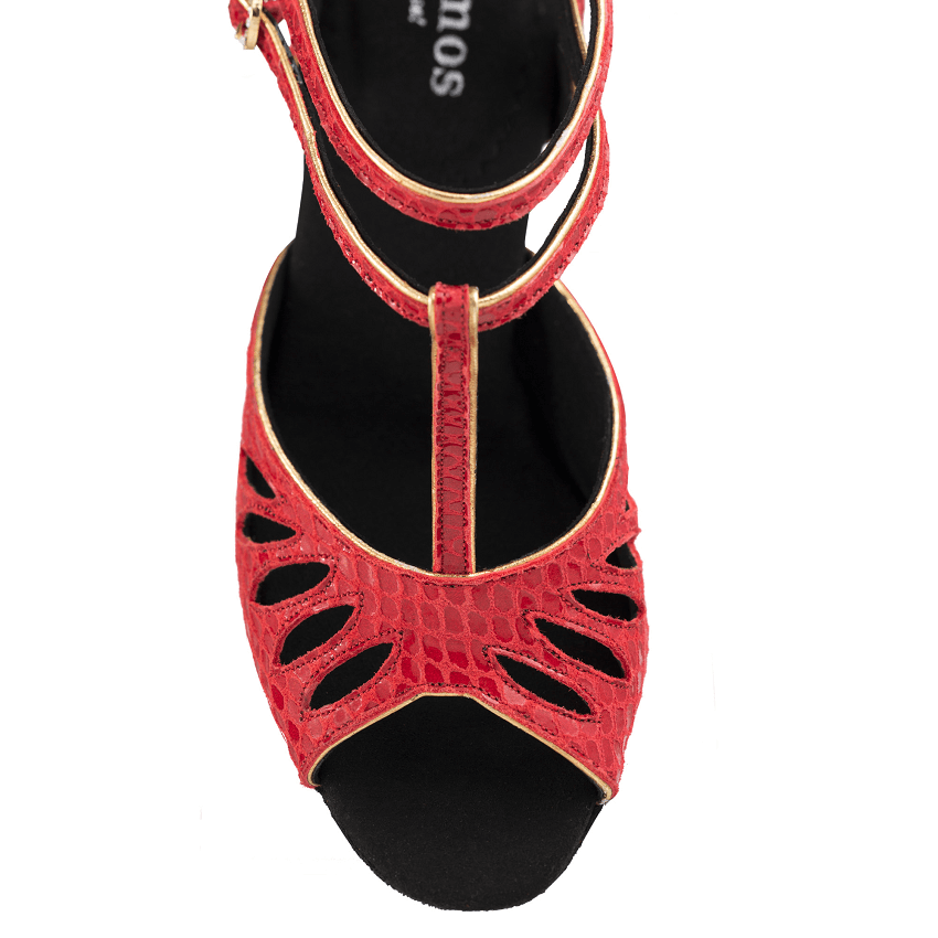 Rummos Pasion red open-toe dance shoe with two straps for support, designed for comfort and stability in Tango dancing.