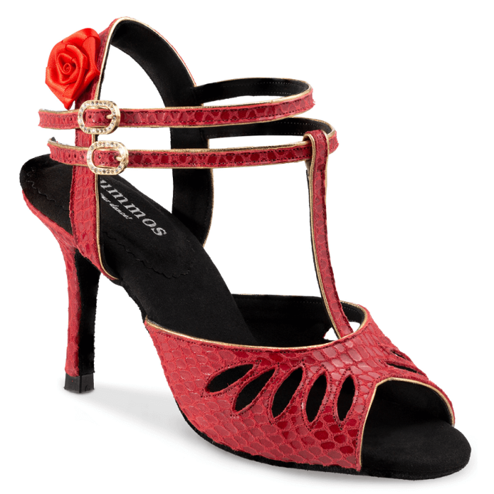 Rummos Pasion red tango dance shoe with open toe, two ankle straps, and elegant rose detail for comfort and style.