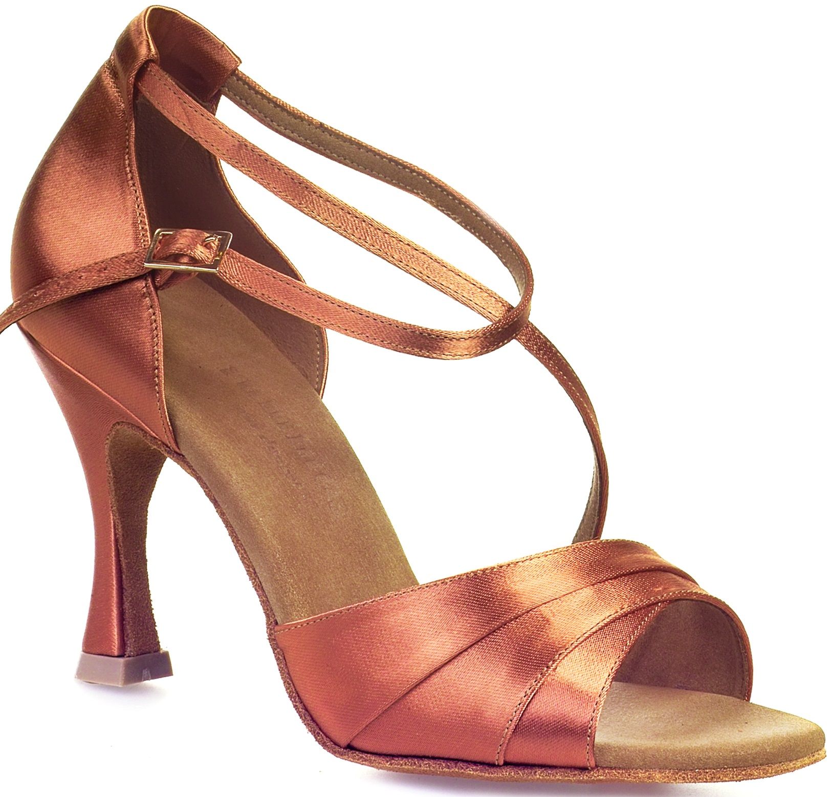 Rummos R304 048 Latin sandal in bronze satin, featuring an open toe and elegant ankle strap for dance comfort.