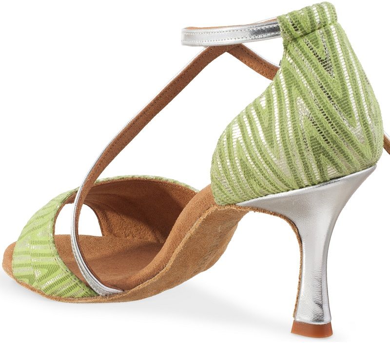 Elegant green Latin sandal with silver heel, showcasing handcrafted quality and stylish design.