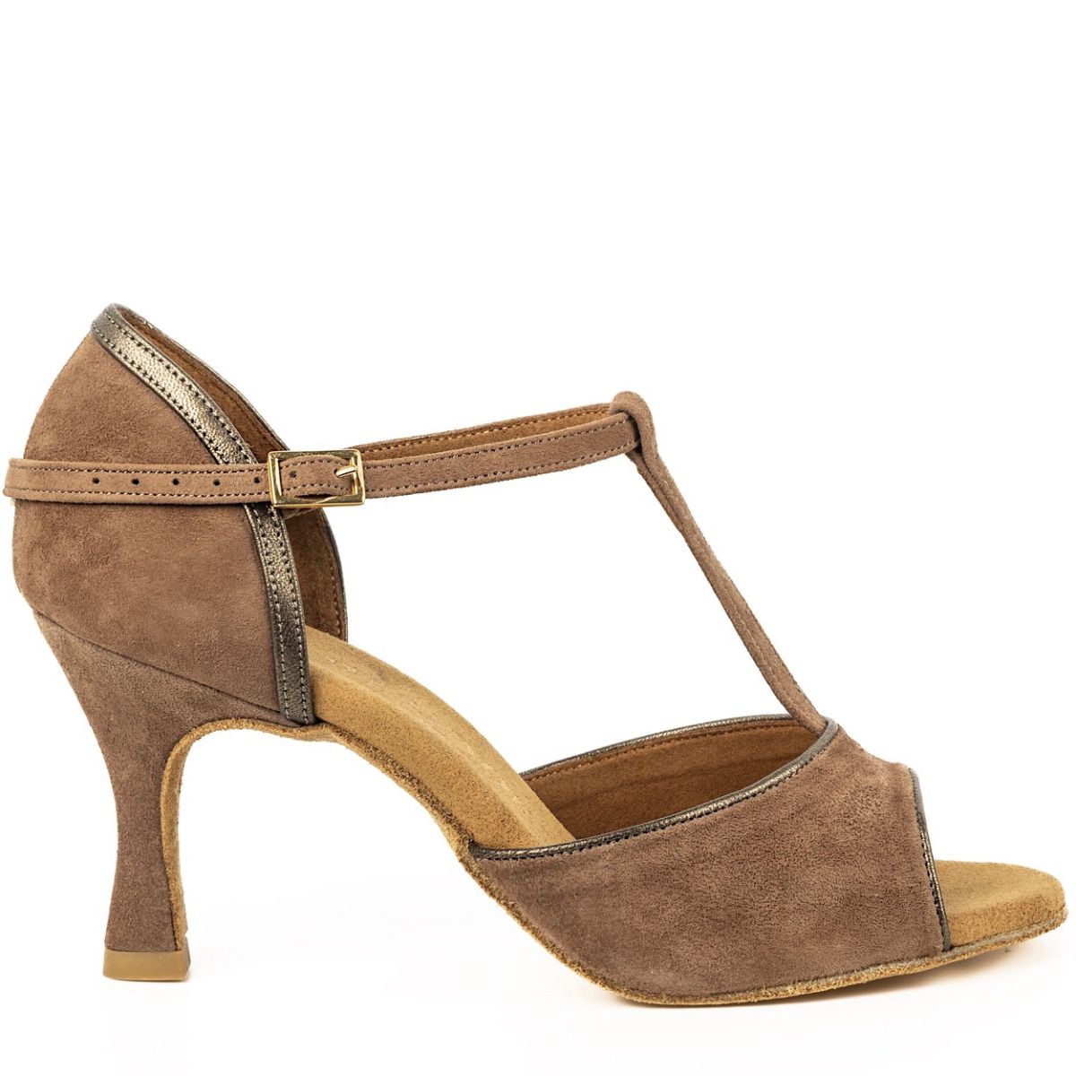 Elegant Rummos R325 dance shoe in brown suede with T-strap design and a comfortable heel for Latin and Kizomba dancing.