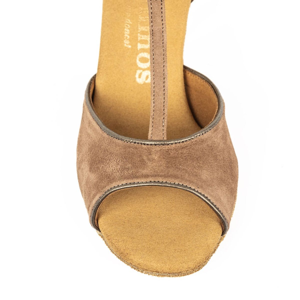 Elegant suede dance shoe with T-strap design, featuring soft cushioning and open toe for maximum comfort and flexibility.