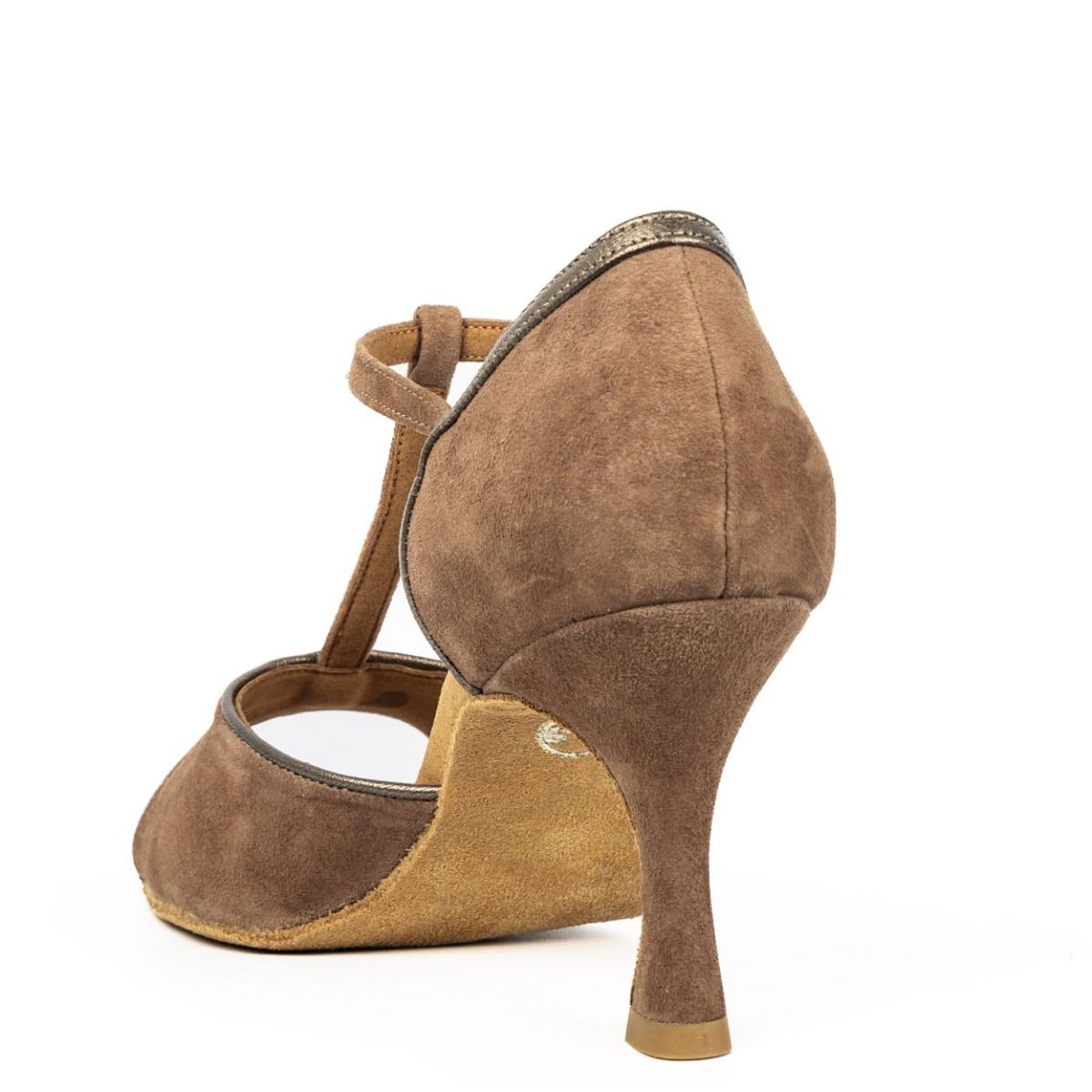 Rummos R325 dance shoe in brown suede, featuring T-strap design and stylish heel for optimal comfort and support.