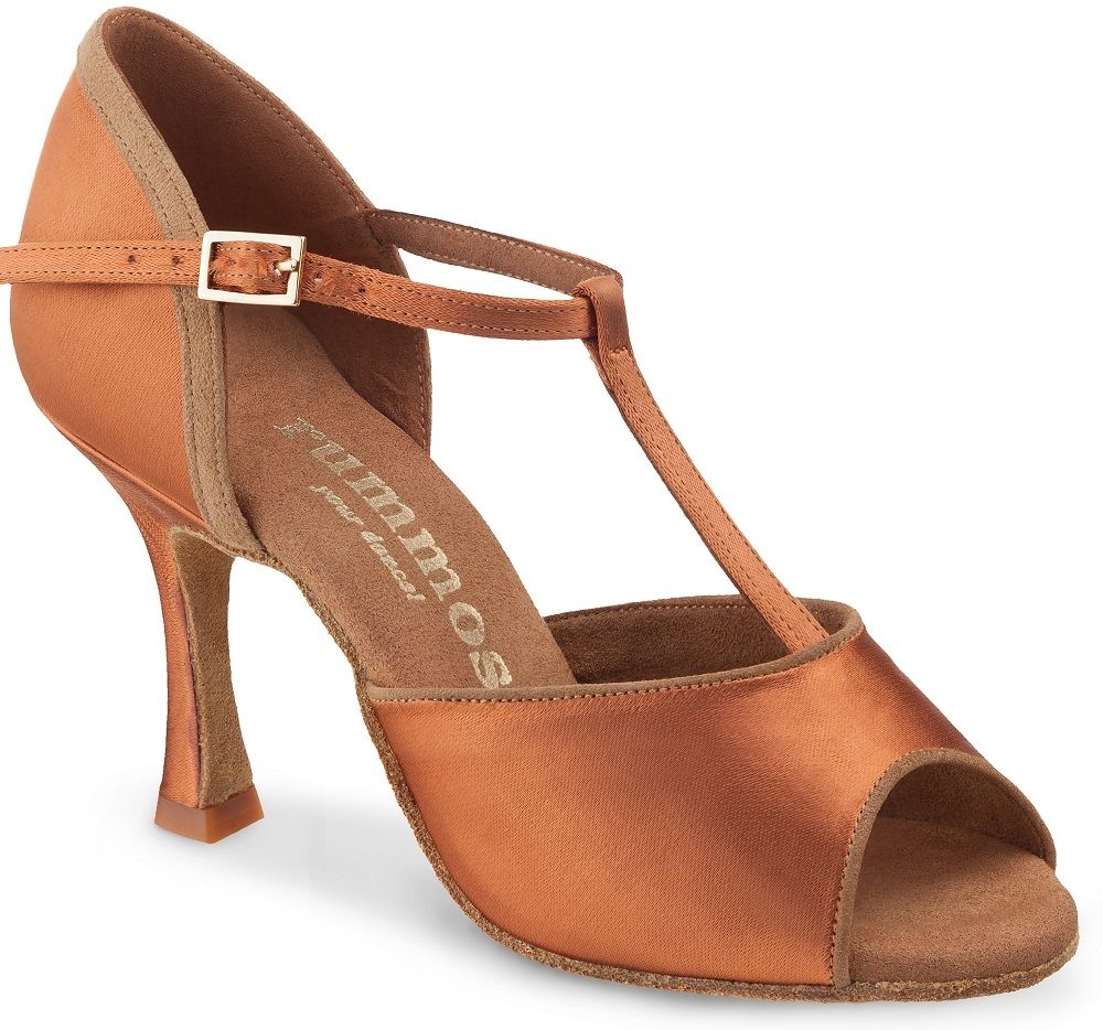 Elegant Rummos R325 dance shoe in bronze with T-strap design, ideal for Latin and Kizomba dancing.