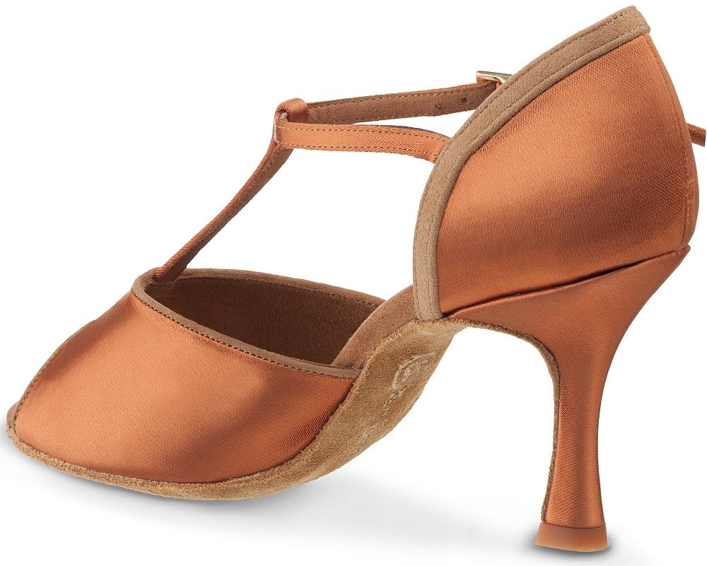 Elegant Rummos R325 dance shoe in copper satin with T-strap design and suede sole for optimal flexibility.