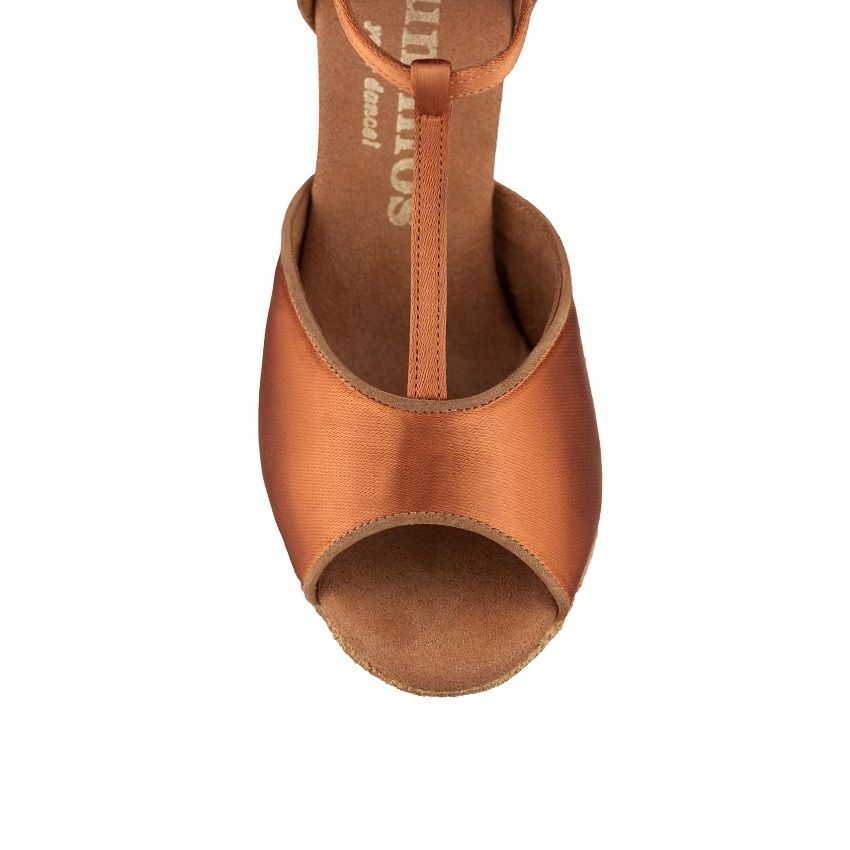 Top view of Rummos R325 elegant dance shoe in copper, featuring T-strap design for support and comfort.