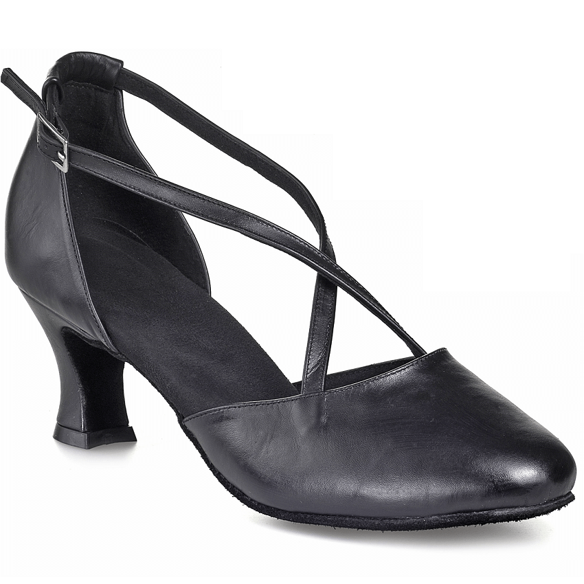 Elegant black Rummos R327 dance shoe with cross straps and suede sole, perfect for ballroom and salsa dancing.