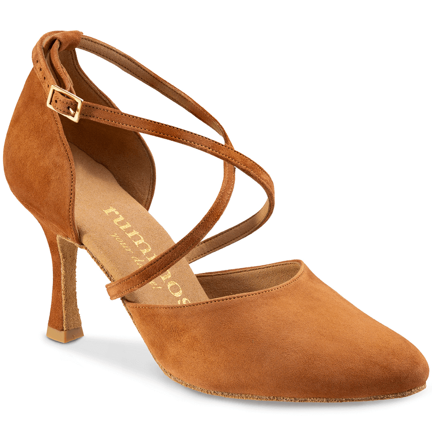 Elegant Rummos R329 026 dance shoe in light brown nubuck, designed for tango, salsa, and social dancing.